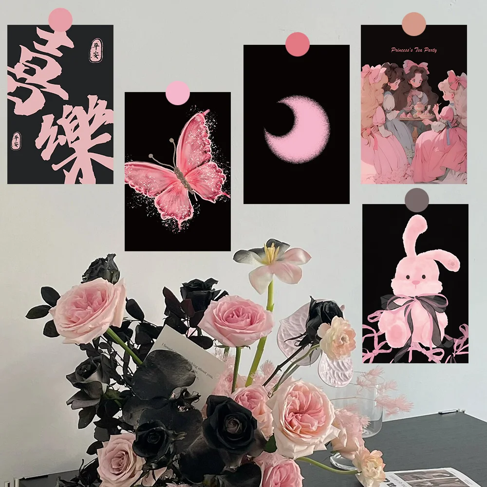 Preto e rosa fantasia série cartão postal adesivos, decoração interior romântico francês adesivos, atacado, 15 pcs/set