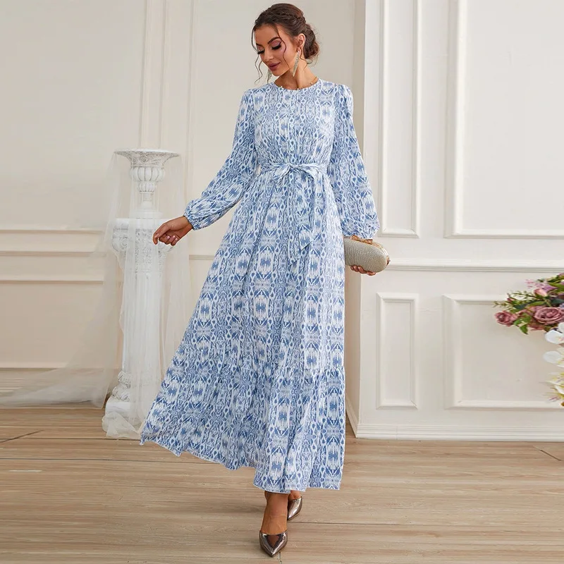 

Casual Women Print Long Sleeve Belted Maxi Dress 2024 Autumn Fall Ladies Kaftan Muslim Abaya Turkish Robe Islamic Clothing Gown