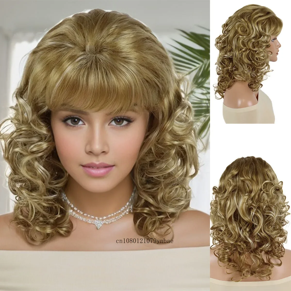 Synthetic Short Blonde Curly Wig for Women Fluffy Bouncy Curly Wigs with Bangs Natual Looking Daily Costume Party Heat Resistant