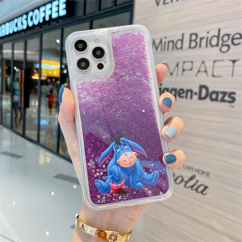 Cartoon Disney Winnie the Pooh Liquid Quicksand Bling Glitter Phone Case For iPhone 17 16 15 14 13 12 11 XS X XR Plus Back Cover