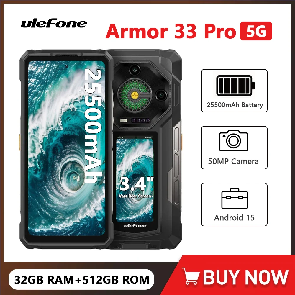 Ulefone Armor 33 Pro Rugged Phone 5G Dual Screen 6.95Inch 120Hz 32GB+512GB 25500mAh Battery 66W 64MP Night Vision Smartphone NFC