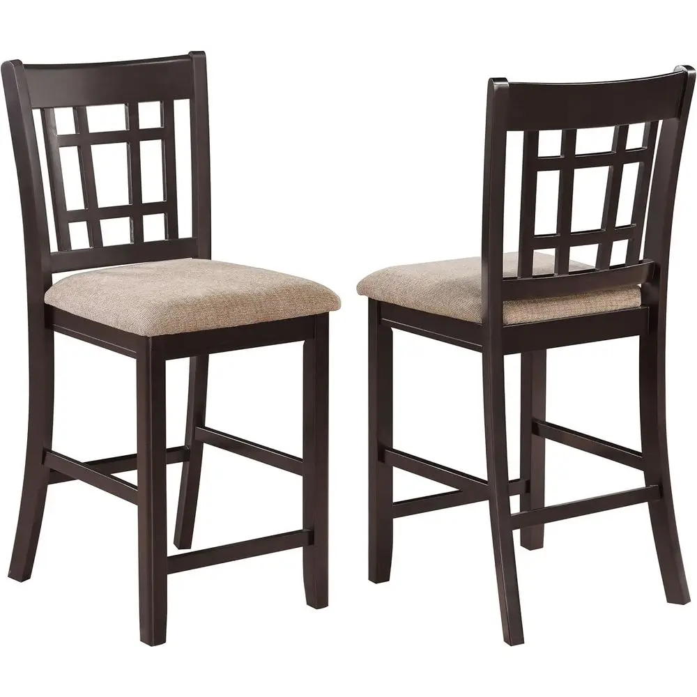 

Wooden Upholstered Counter Height Chairs Set of 2 - Lattice Back, Padded Seats for Dining & Kitchen, Tan
