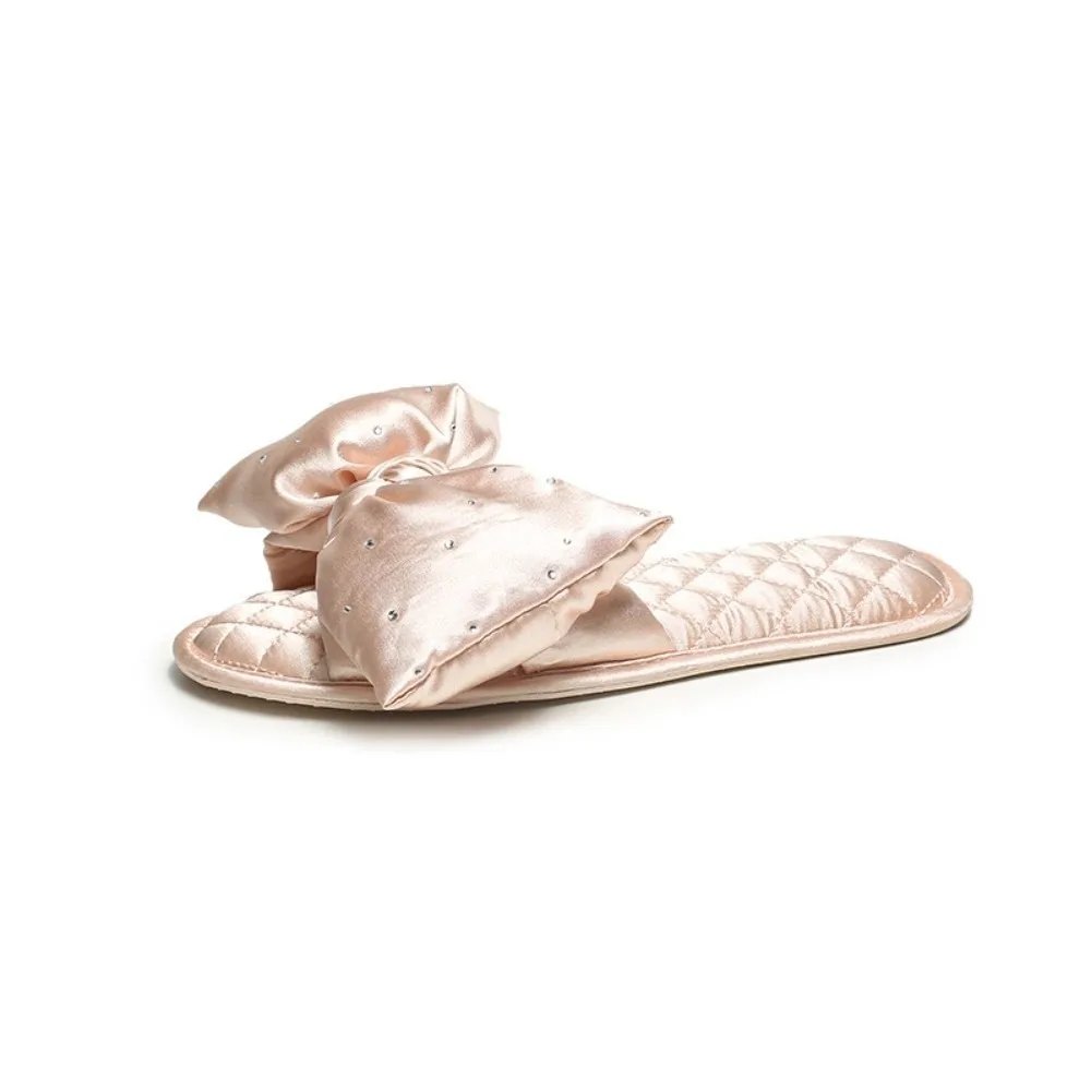 

Cozy Big Bow Satin Slippers Non-Slip Soft Bottom Wedding Slippers Peep Toe Plaid Rhinestone Slides Unisex