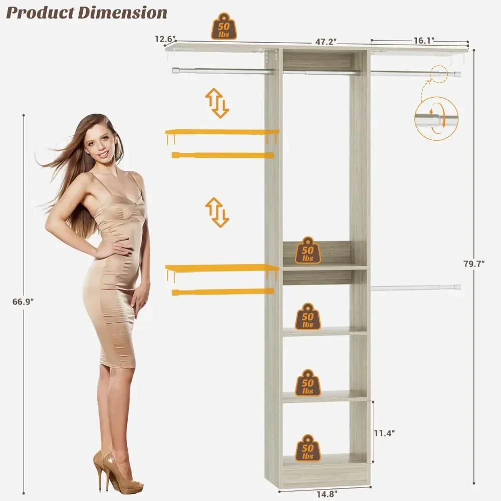 منظم خزانة 4 أقدام مع 4 قضبان و3 أرفف، نظام تخزين موفر للمساحة 80 بوصة ارتفاعًا لغرف النوم الصغيرة وغرف الملابس