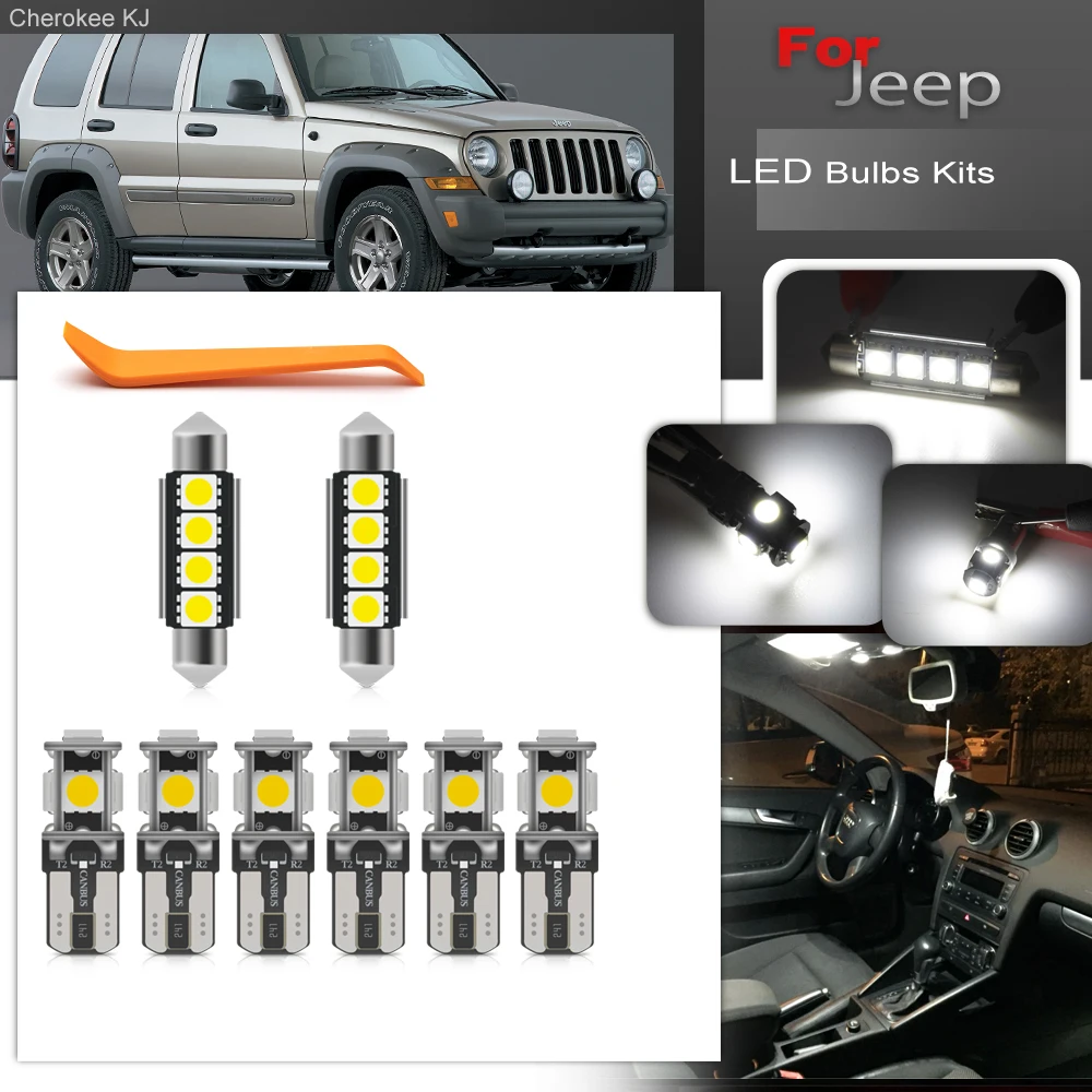 Error Free For Jeep Cherokee KJ 2002 2003 2004 2005 2006 2007 Full White Led Interior Package Light Kits Map Dome Footwell Bulb