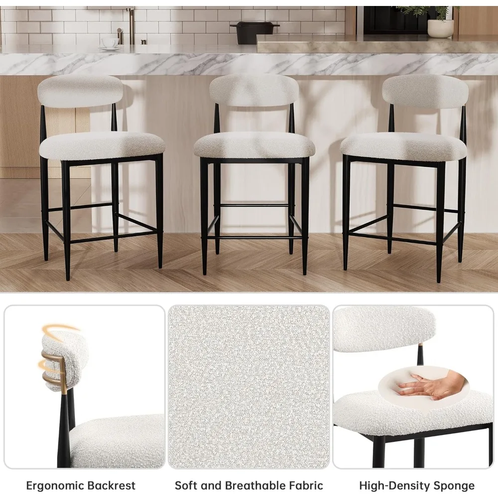 

Counter Height Bar Stools Set of 2, Modern Upholstered Counter Stools with Black Metal Legs, Boucle Island Chairs for Kitchen