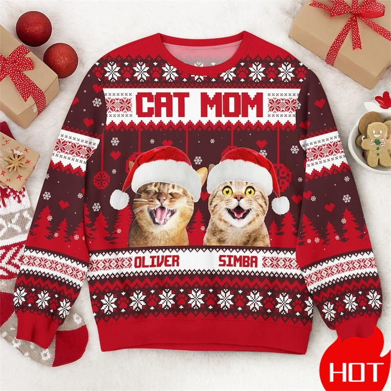 Custom Pet Cat Face Family Ugly Sweaters Funny Personalized Christmas Sweatshirts Customized Sweatshirts Unisex 3D Print Tops