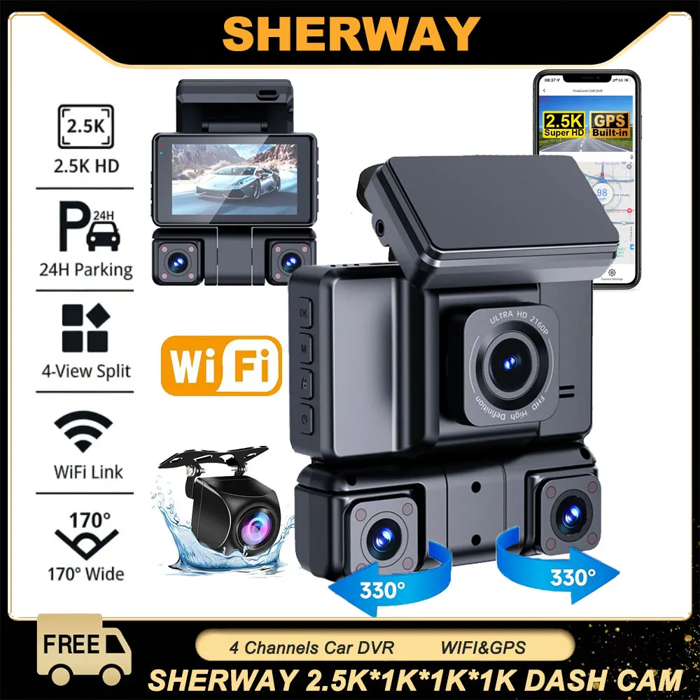 

4 Channel 2.5K+1K+1K+1K Car DVR Dash Camera UHD WiFi Car Camera 360 Dash Cam Front Rear Left Right IR DVR 4 Lens Video Recorder