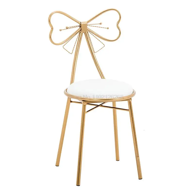 Nordic Princess Backrest Makeup Chair Gold Iron Leg Bow Tie Barstool With Seat Cushion Salon Spa Cafe Pub Kitchen Dressing Chair