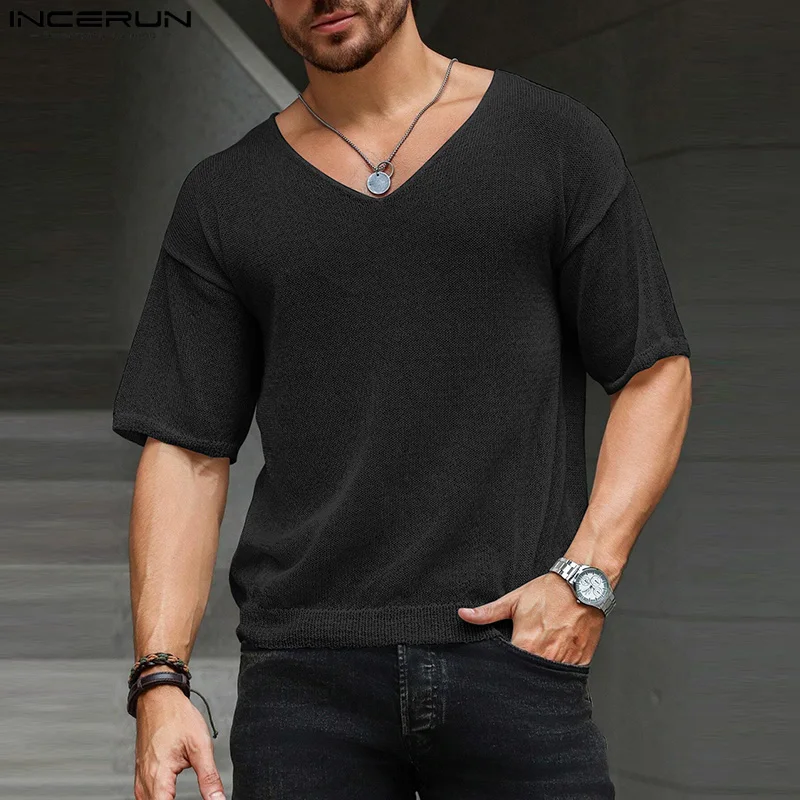 2024 Men\'s T Shirt Solid Color V Neck Short Sleeve Knitted Summer Men Clothing Streetwear Transparent Casual Camisetas INCERUN