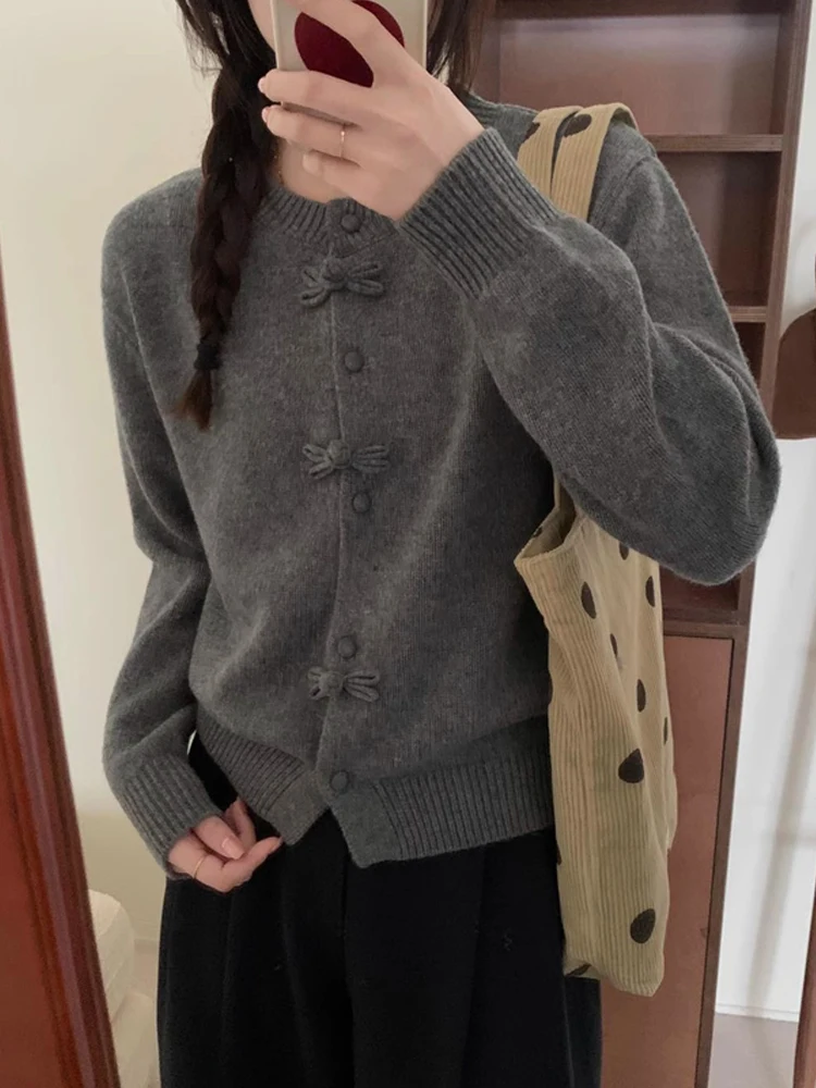 Ano Novo Vermelho Camere Tricotado Longo Sve redondo Ne Suéter Chinês Sle National Faion Botão Design Sensation Lã La...