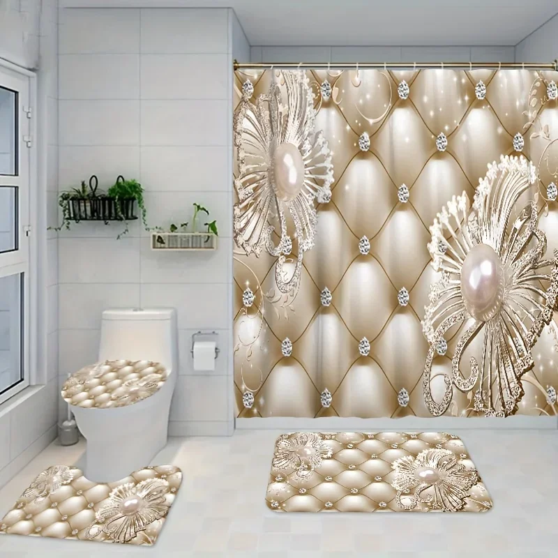 

Роскошный комплект занавесок для душа в ванной комнате с золотым бриллиантовым цветочным узором, 4 шт., с ковриком для унитаза 2/3, 179,83x179,83 см, в комплекте
