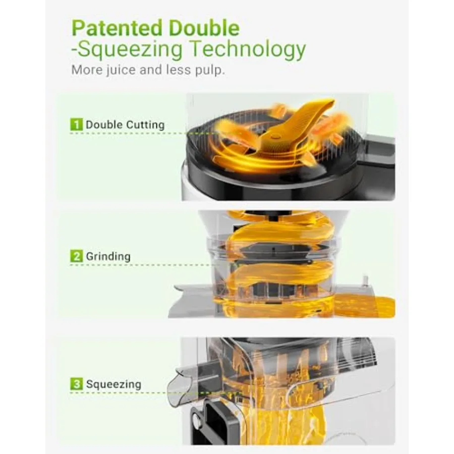 6.5インチの大きな投入口を備えたコールドプレスジューサーマシン。果物や野菜を丸ごと投入できる設計で、高いジュース収量効率を実現。