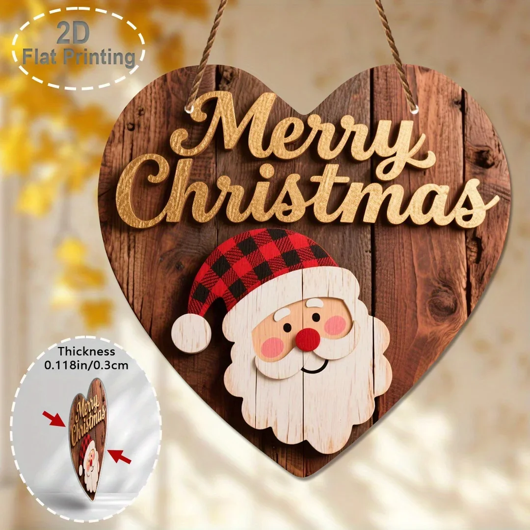 1Pcs Christmas Welcome Sign Heart Shaped Santa Wooden Plaque Merry Christmas Rustic Holiday Front Door Hanging Decor