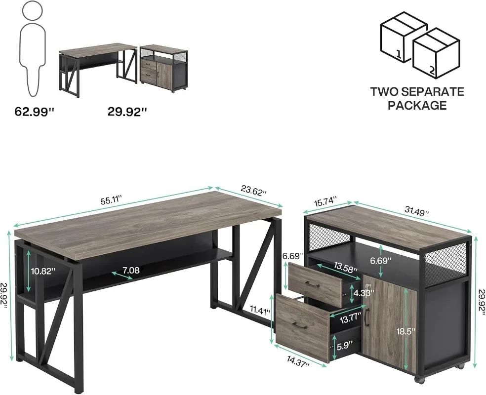 Tribesigns Grey Executive Desk with Cabinet, 55