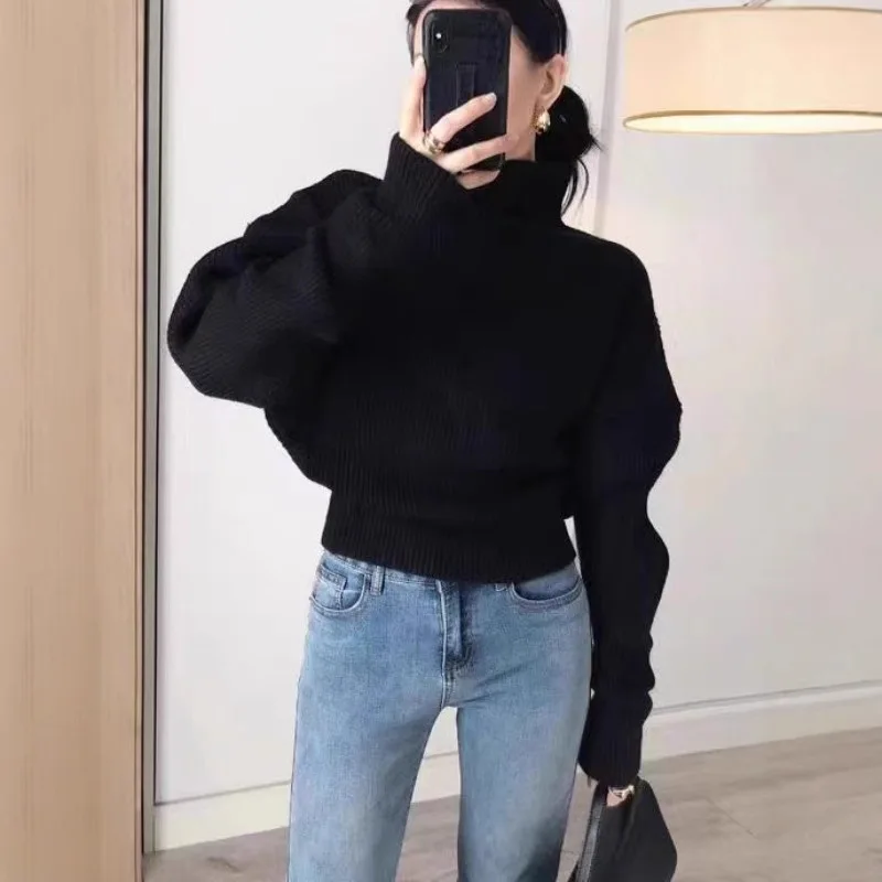 

Autumn Winter Soft Pure Color Loose Comfortable Korean Style Sweater Women's High Collar Lazy Style Knitted Sweater