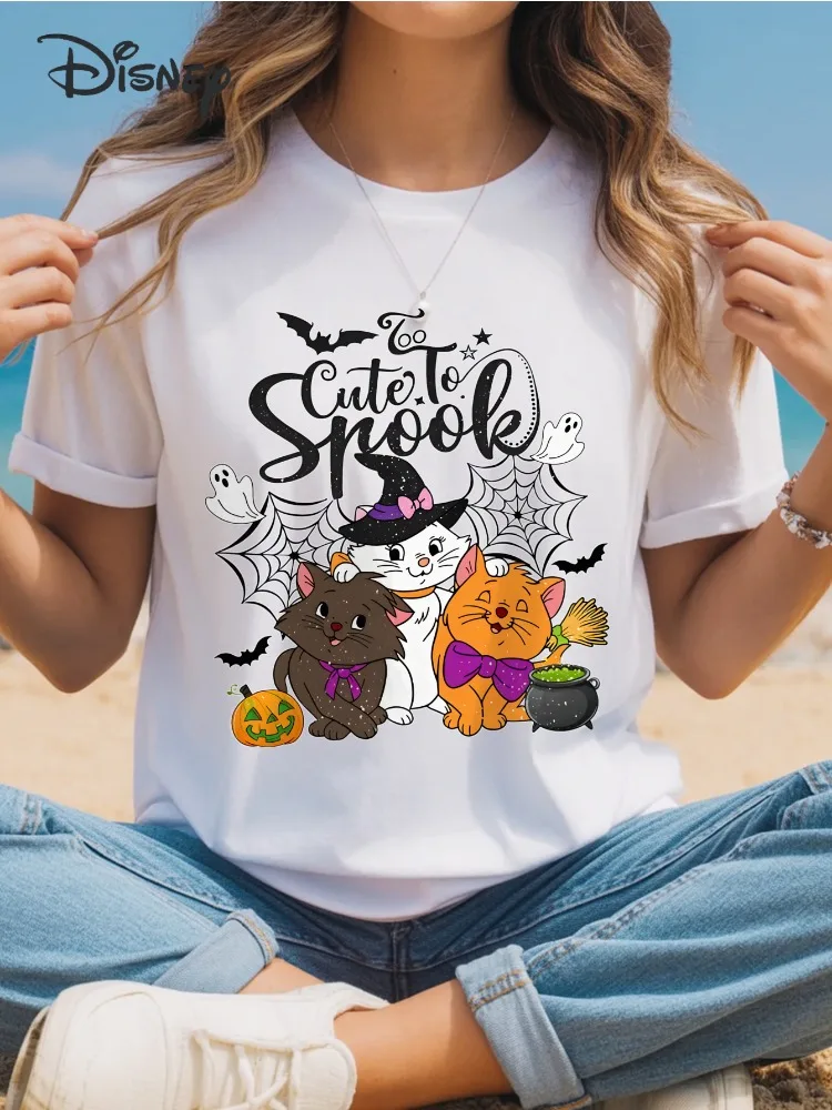 

Женская футболка Disney с милым принтом «Призрачный кот и летучая мышь», свободный топ с круглым вырезом, праздничная одежда, рубашка с короткими рукавами с забавным принтом