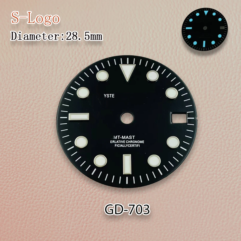 28.5mm S Logo Black GMT NH34 Dial Silvery Index Movement Ice Blue Luminous High Quality Watch Modification Accessories Repair