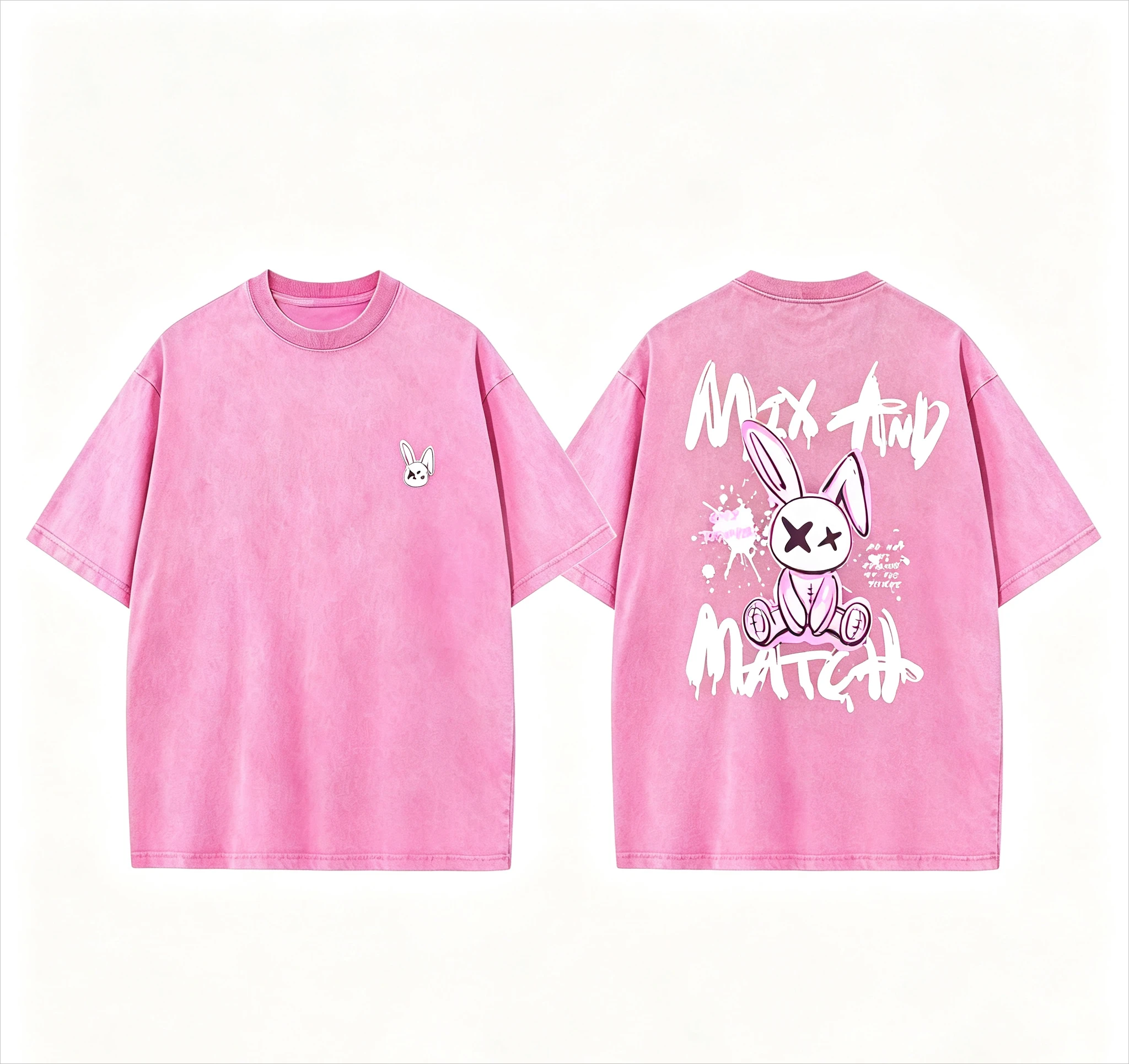 Men Women Washed Vintage T‑Shirt,Harajuku Pink Rabbit Graffiti Print Short Sleeve,Oversized Streetwear Hip Hop Couple Tees Tops