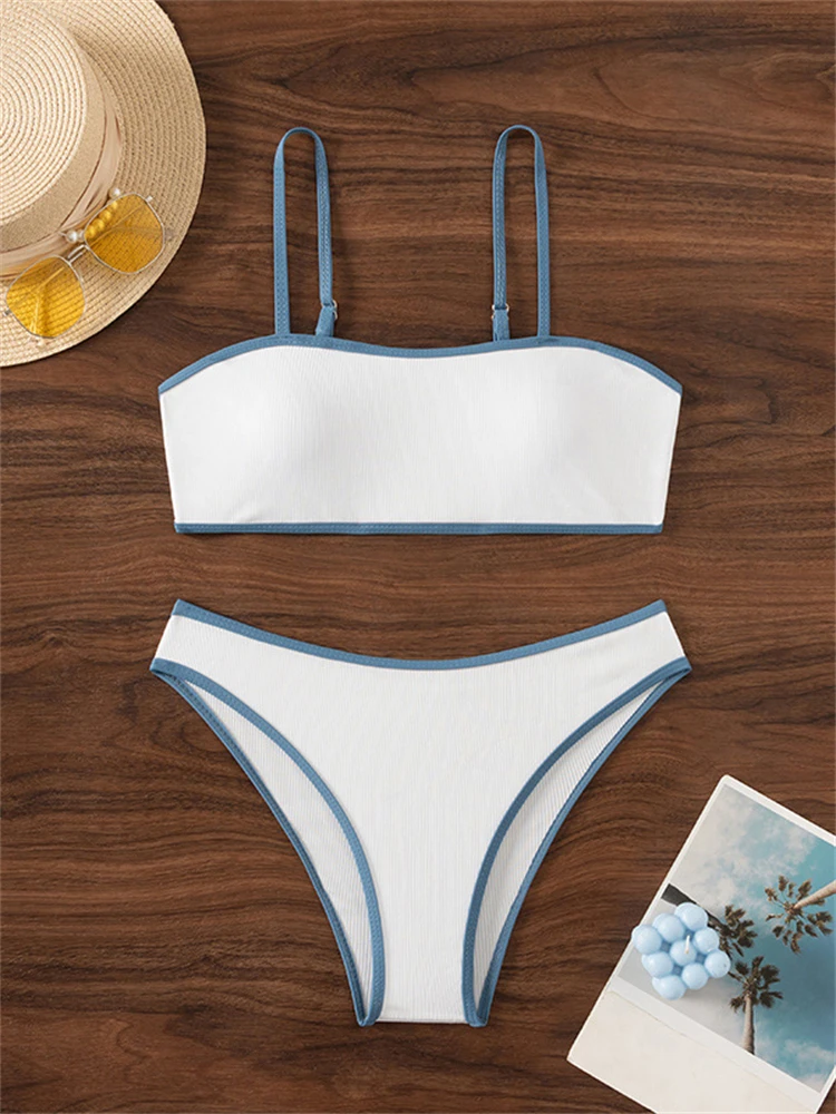 

Bikini Women Swimsuit 2024 New Solid Sling Ribbed Bikinis Set High Waist Swimwear Summer Two Piece Beachwear Bathing Suit Female