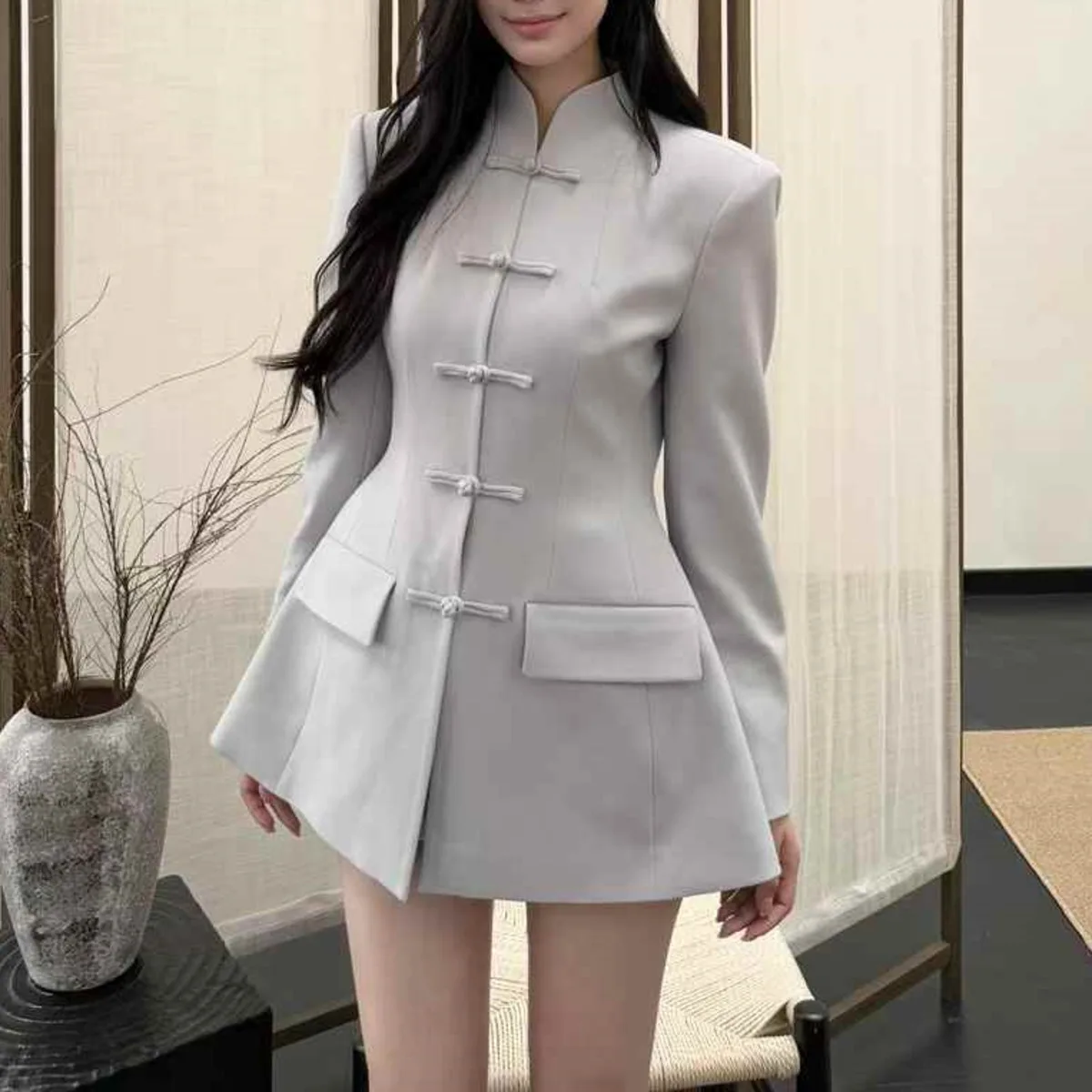 BJTZ Mode A-lijn Taille Blazer Jas Voor Vrouw 2025, Lente Herfst Nieuwe Single Breasted Stand Kraag Effen Kleur Vrouwelijke Kleding