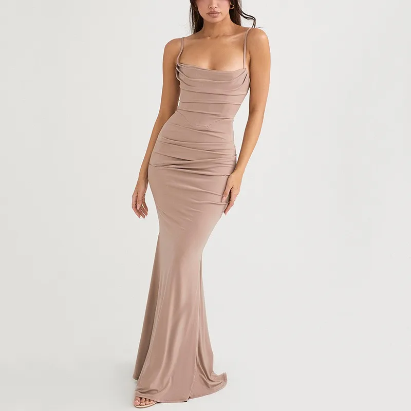 Elegant Pleated Wedding Guest Dress: Bodycon Cowl Neck Backless Long Party Dress with Spaghetti Strap and High Waist for Summer