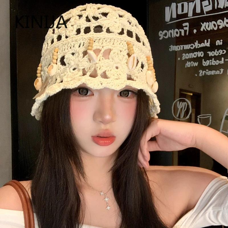 Korean Cute Sweet Crochet Hollow Knitted Hat Beaded Shell Tassel Beanies Cap Women Summer Travel Breathable Versatile Pullover