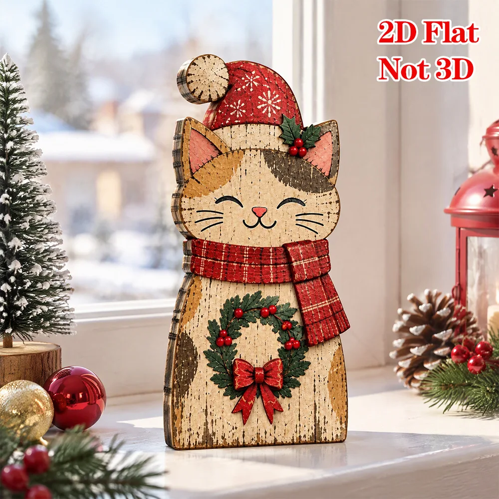 Wooden Cat with Santa Hat Figurine,2D Christmas Kitchen Counter Decor, Festive Holiday Shelf Sitter for Home,Cute Cat Lover Gift