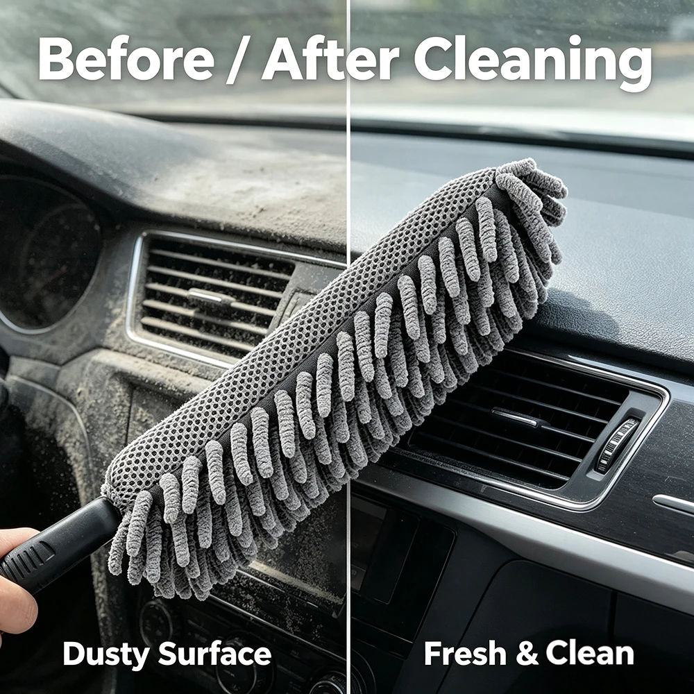 AUTOBRIGH Microfiber Chenille Car Duster Brush Scratch Free Static Dust Removal Mop Washable Hand Duster Car Cleaning