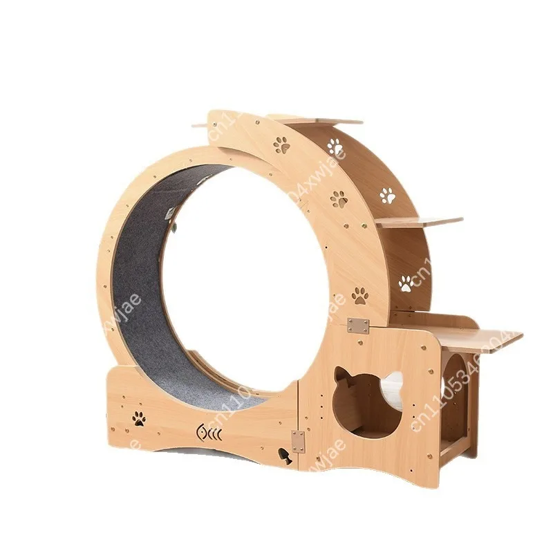 Wooden Cat Tree With Exercise Wheel Silent Running Wheel Treadmill Indoor Pet Fitness Toy For Play