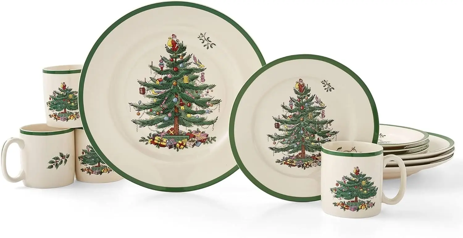 Christmas Tree 12-Piece Dinnerware Set (Service for 4) Fine Earthenware Christmas Dinnerware - Microwave & Dishwasher Safe