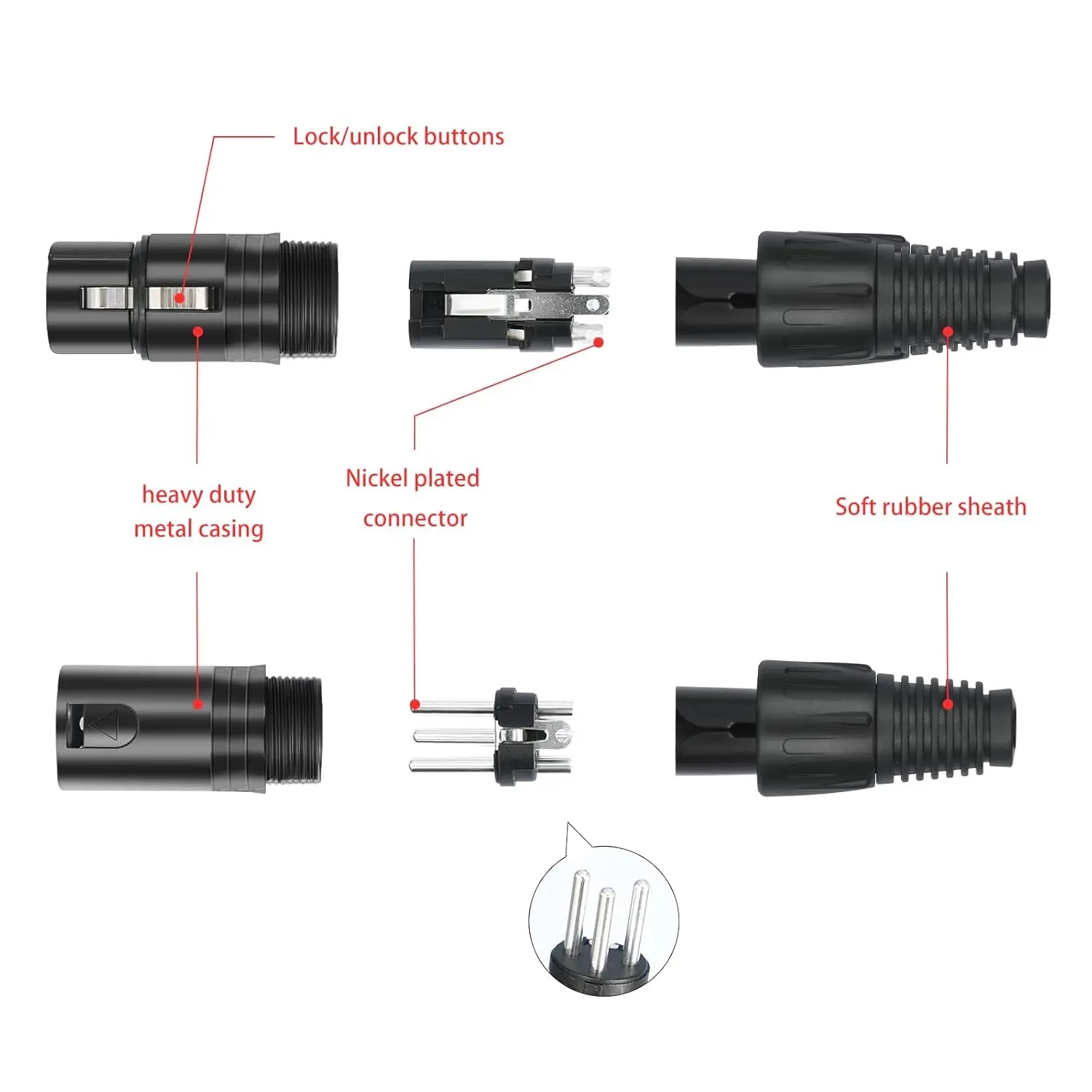 5 Pairs XLR Connectors 3 Pin Male/Female Plugs Audio Mic Microphone Cable Plug Connector Socket Audio Mic Microphone DMX Black view 6