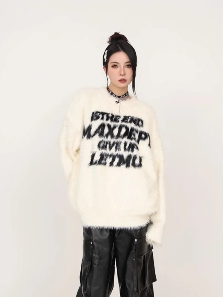 

American Sle Retro High Street Knitted Sweater Spring Autumn Loose Lazy Versatile Overhead Long Sve round Ne Warm Brea...