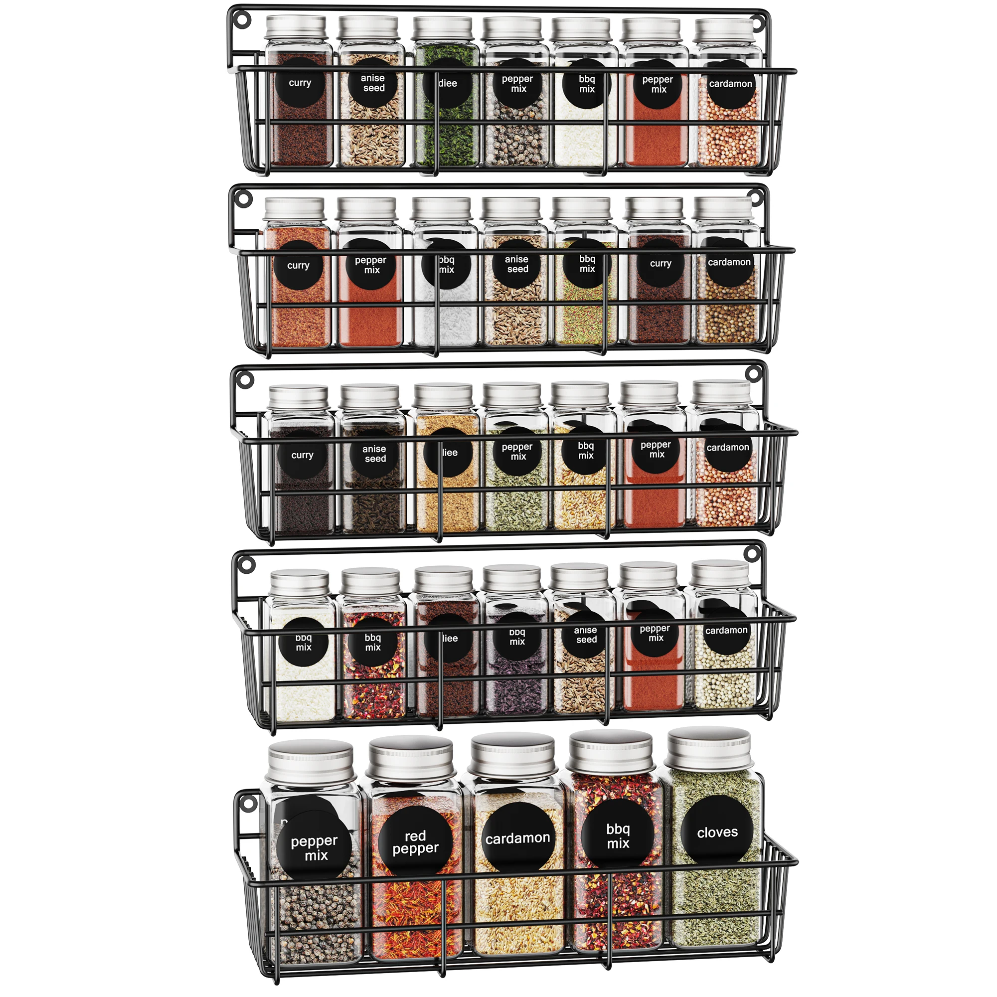 5pcs Wall Mounted Kitchen Shelves Black Metal Spice Storage Rack Hanging Pantry Seasoning Organizers Space Saving for Cabinet