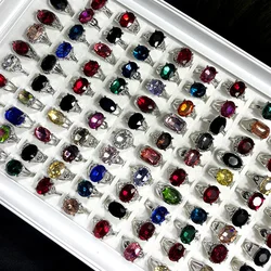 50pcs/Lot Factory Wholesale Alloy Finger Rings For Women Jewelry Multicolored Gemstone Colorful Crystal Zirconia Ring Lots