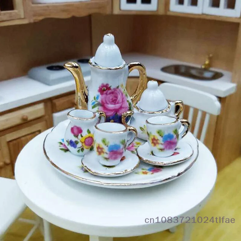 8 Pcs 1:12 Dollhouse Miniature Dining Ware Porcelain Tea Set Dish Cup Plate Humanoid Dolls And Accessories