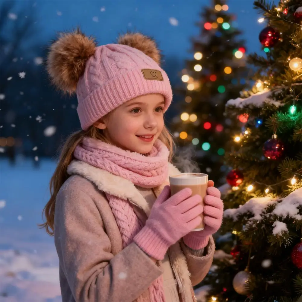 دافئ الاطفال الشتاء قبعة قفازات الاطفال الشتاء طقم قبعات الاطفال الشتاء قبعة وشاح قفازات مجموعة مع أفخم بوم بومس الدافئة محبوك الصوف بطانة #1