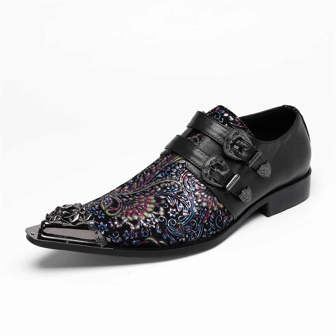

Fashion Metal Pointed Toe Men Real Leather Formal Dress Shoes Big Size Lace Up Business Brogue Shoes Male Party Dress Shoes
