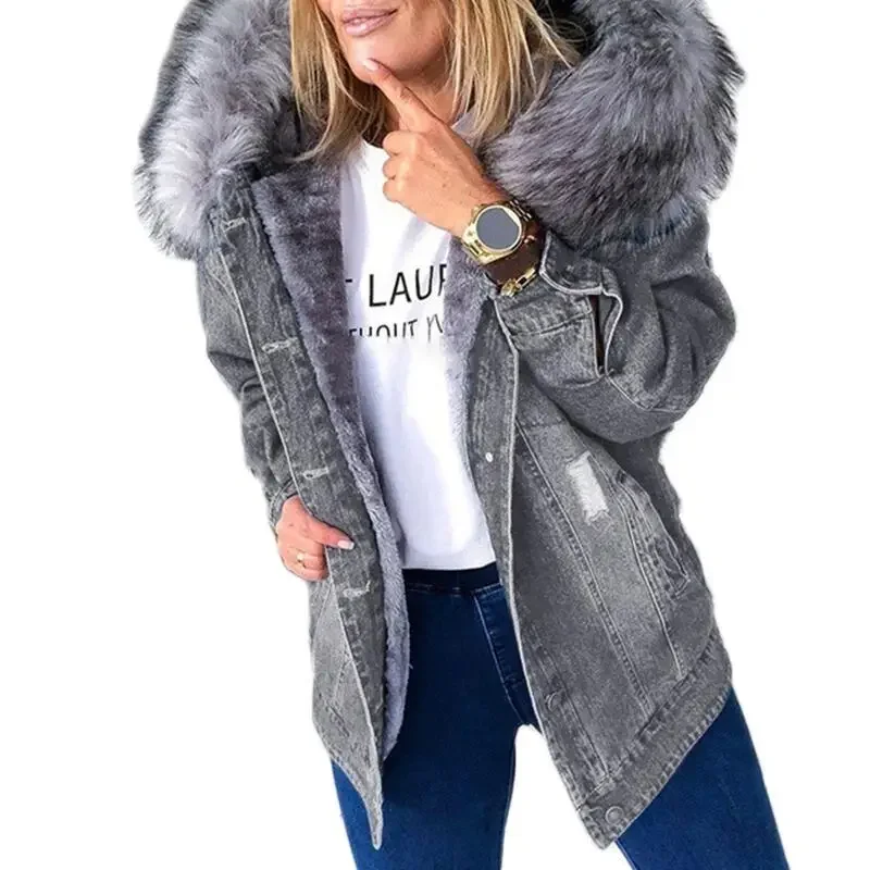 Winter Fur Jacket Women Denim Coats Faux Hooded Jean Thick Long Sleeve Frayed Overcoat Outwear Vintage Cotton Female Coat