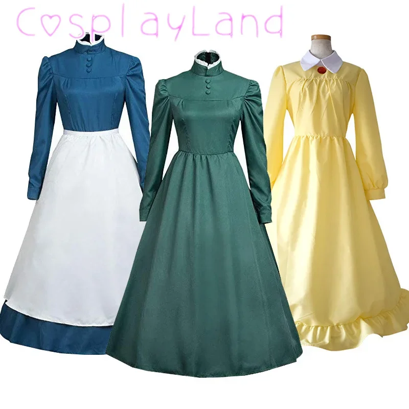 Classic Anime Moving Castle Sophie Cosplay Costumes Blue Yellow Green Long Dress Women Halloween Carnival Party Maid Dress