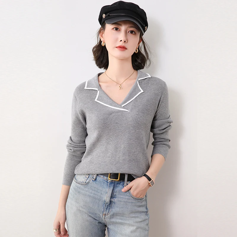 

New Fashion Autumn Winter Women Wool Sweater Tailored Collar Breathable Pullover Slim Casual Knitted Warm Polo Shirt Sweater