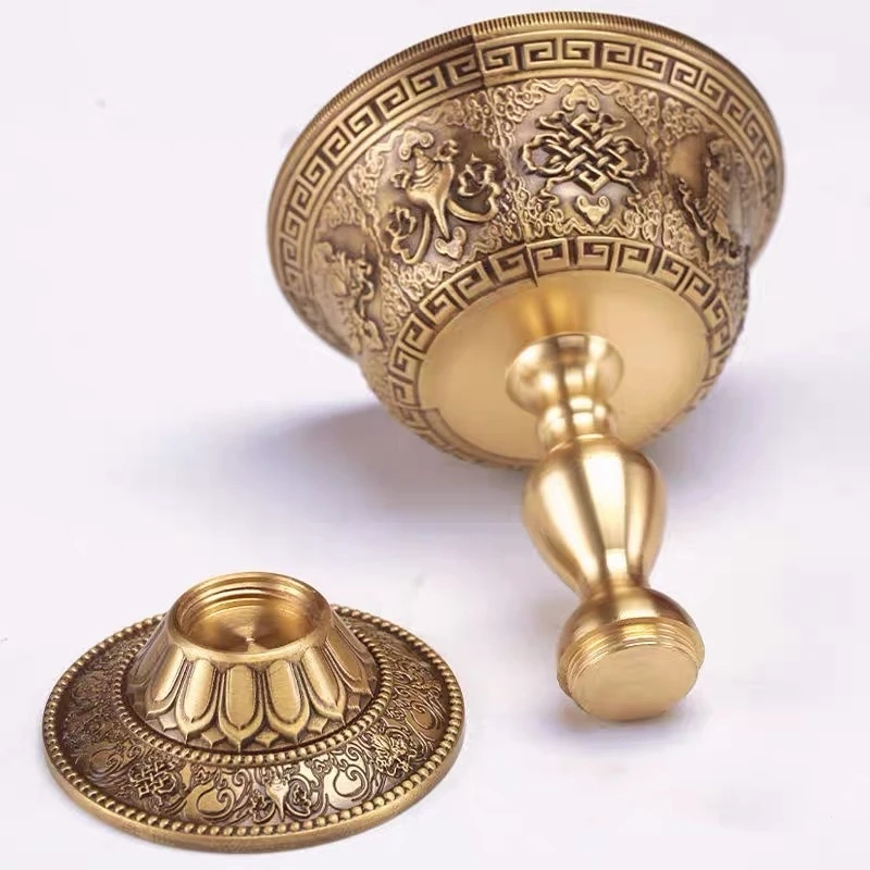 الشمعدان التبتي ، كوب شمعة نحاسي محفور بثمانية برونزية ميمونة ، حرف يدوية بوذية مصباح تانتر مذابح ديكور سطح المكتب #2