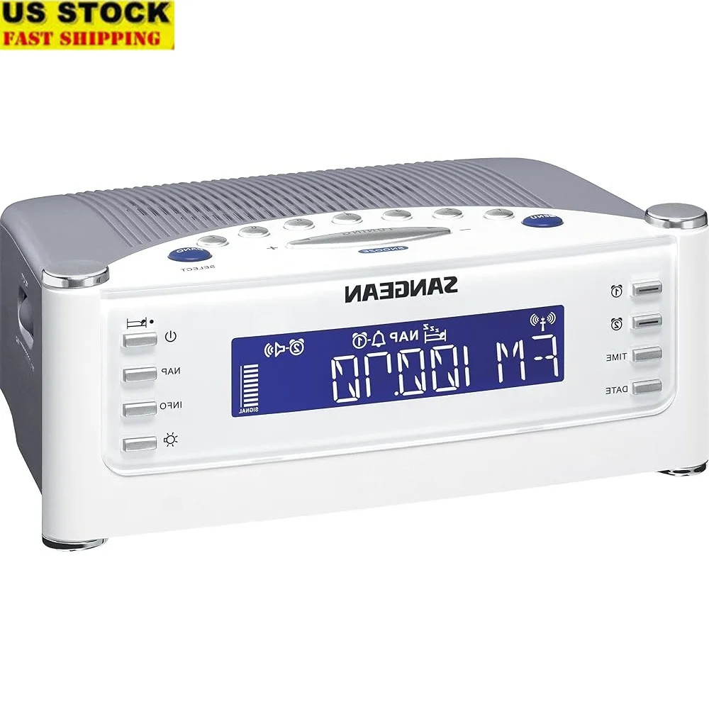 

Atomic Clock Radio with FM AM Tuner Easy Read LCD Display AUX Input Power Backup Alarm 14 Memory Stations