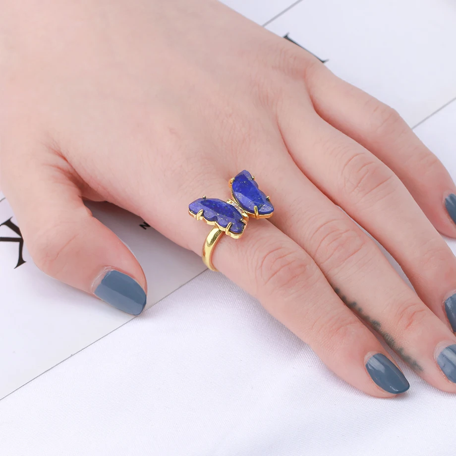 Gold Color Crystal Ring Natural Gemstone Butterfly Rings for Women Amethysts Lapis Lazui Pink Quartz Adjustable Engagement  H125