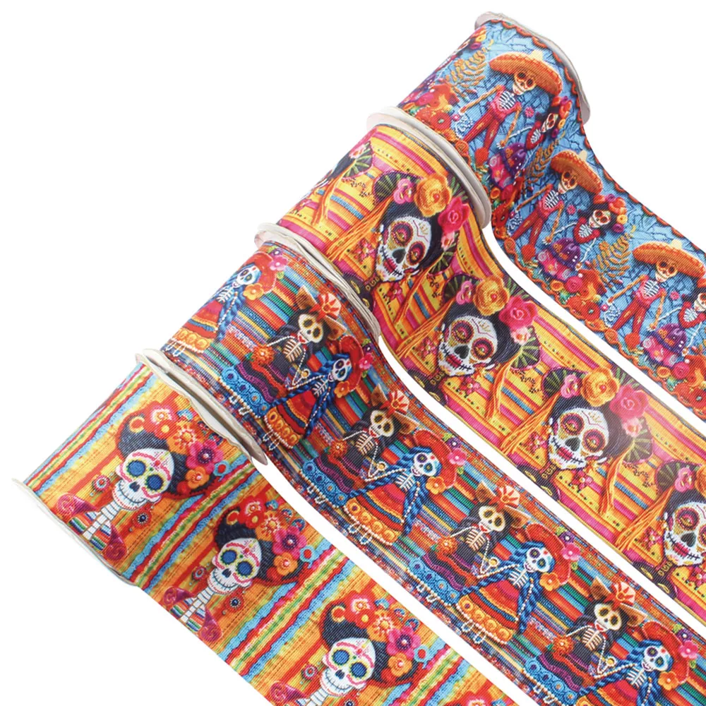 5Yards Mexican Style Grosgrain Ribbon Printed for Bows Halloween Accessories DIY Craft Materials