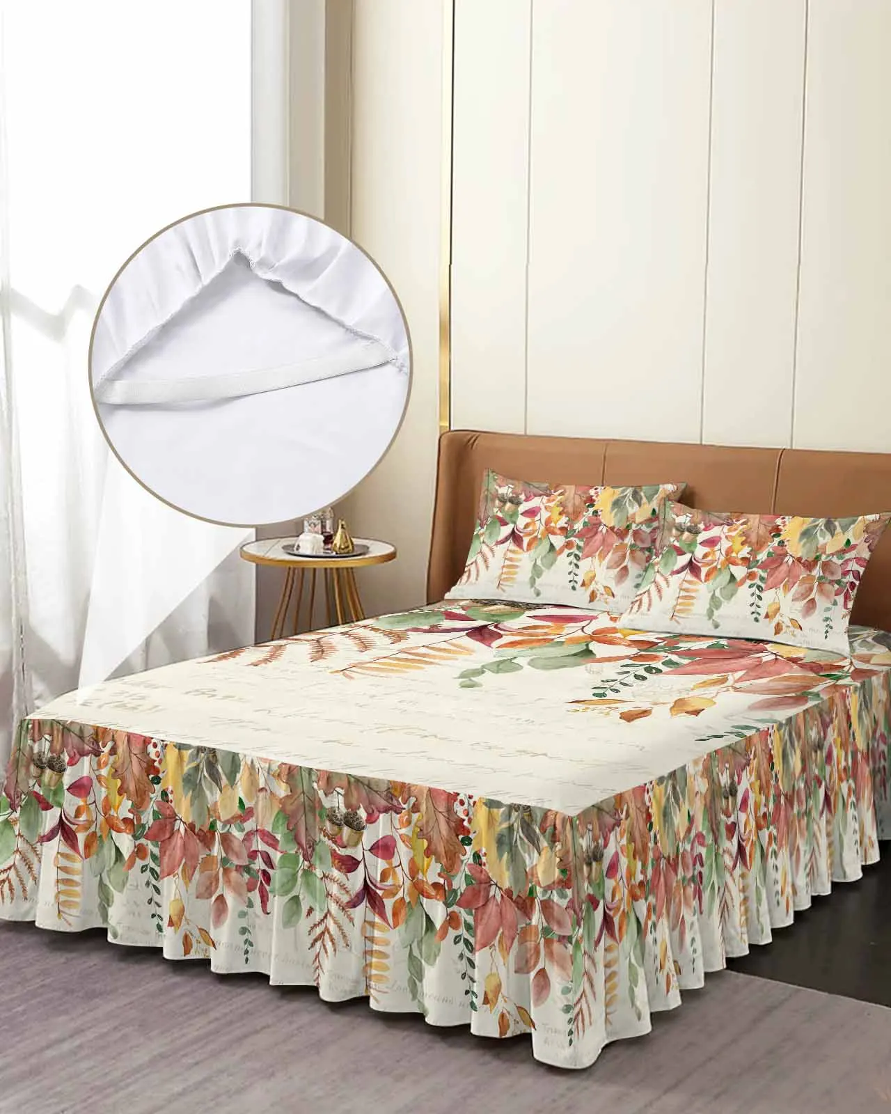 Thanksgiving Autumn Eucalyptus Skirt Elastic Fitted Bedspread With Pillowcases Mattress Cover Bedding Set Bed Sheet