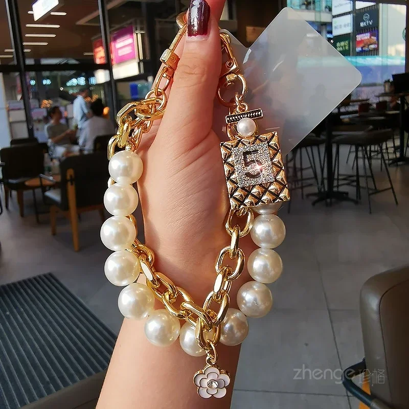 Mobile Phone Lanyard No. 5 Hanging Tag Pearl Double Chain Short Wrist Strap Women's Handmade Pearl Chain Clip Universal Strap