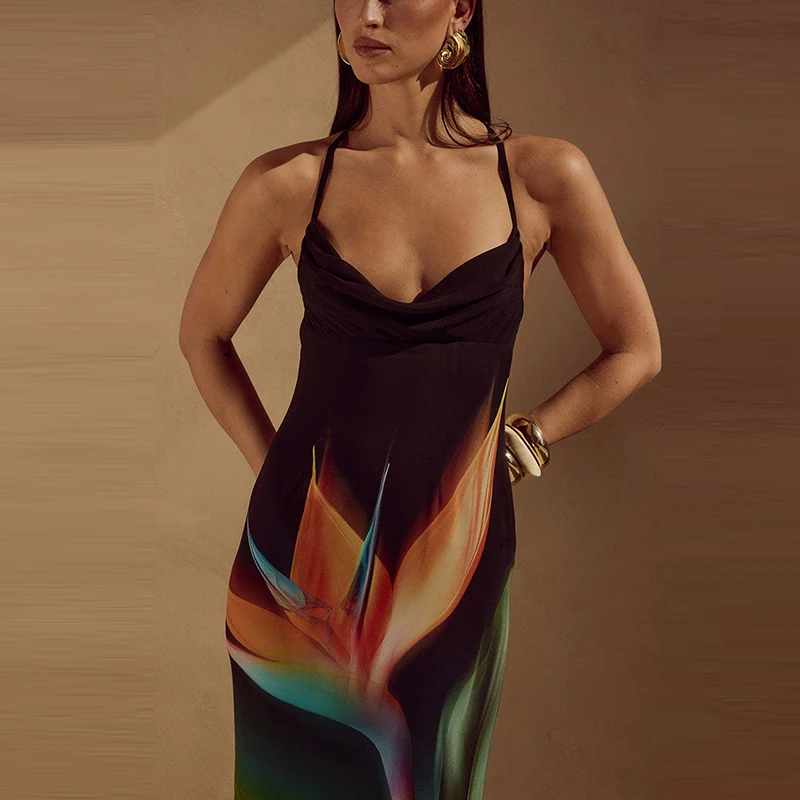 Sexy hete vrouwen mouwloze kruis halterjurk elegante slanke wrap heupen avondjurken vintage bedrukte backless party maxi-jurken