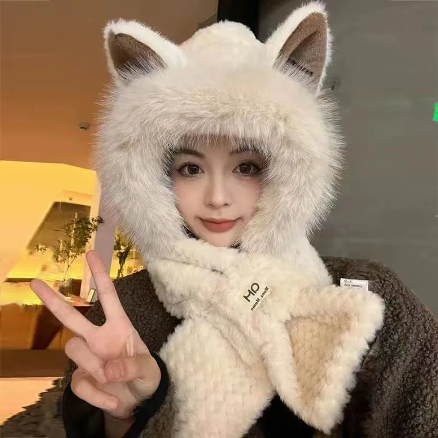 1 women's hat, scarf integrated hat, winter plush windproof and cold-proof thick hat
