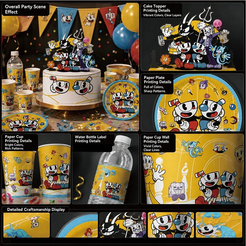 Cuphead Cartoon Themed Disposable Tableware Birthday Gathering Decor Kit Indoor Celebration Party Tabletop Arrangement Ornaments